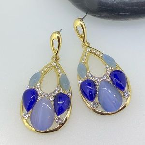 Gold Multi Color Tear Drop Earrings, Purple/Dark Blue